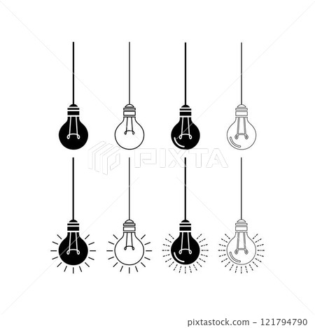 Hanging light bulbs silhouette vector line art isolated on a white background Hanging light bulbs silhouette vector line art isolated on a white background 121794790