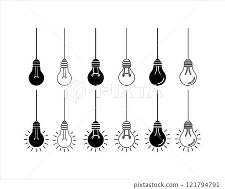 Hanging light bulbs silhouette vector line art isolated on a white background Hanging light bulbs silhouette vector line art isolated on a white background 121794791