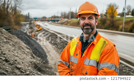 A portrait of an industrial worker wearing an orange safety jacket and hard hat. 121794922
