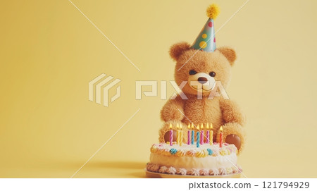 A cute teddy bear wearing a party hat, sitting next to a birthday cake with candles. A cute teddy bear wearing a party hat, sitting next to a birthday cake with candles. 121794929