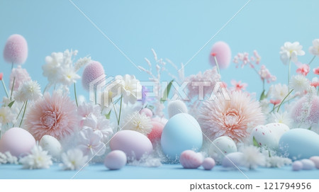 Easter banner with pastel eggs and flowers on a light blue background. 121794956