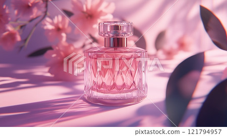 Perfume bottle on a pink background with flowers. Perfume bottle on a pink background with flowers. 121794957