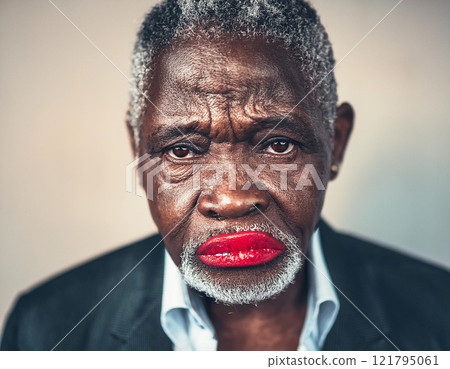 Old grumpy wrinkled man looking at camera 121795061