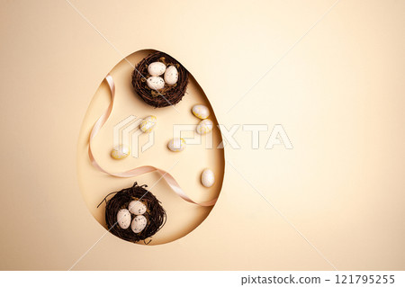 Top view pastel beige background with Easter decor Top view pastel beige background with Easter decor 121795255