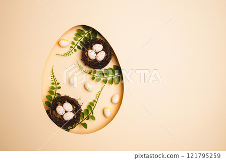 Top view pastel beige background with Easter decor Top view pastel beige background with Easter decor 121795259