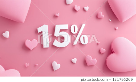 3D text 15% made from heart shapes floating on a pastel pink background. 121795269