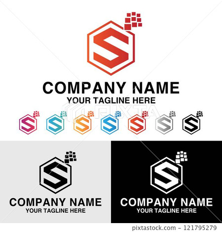Abstract initial S letter polygonal shape technology concept gradient color logo design template 121795279
