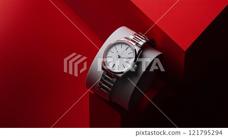 A watch, placed on a gray paper roll and a red geometric background. 121795294