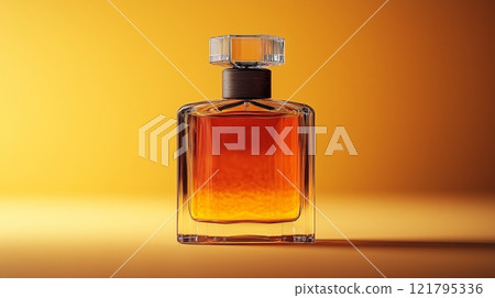 A perfume bottle of amber perfume on a light yellow background. 121795336