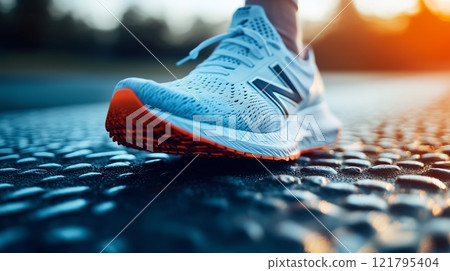 Close up of new balance show bending at the toe as it leaves the ground. Close up of new balance show bending at the toe as it leaves the ground. 121795404