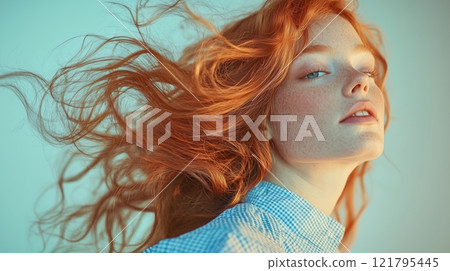 A ginger-haired woman wearing a blue dress, her hair flowing in the wind. 121795445