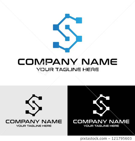 S letter with pixel dots technology concept vector logo design 121795603