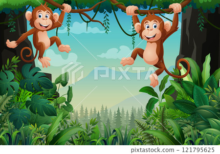 Cartoon monkey playing in the jungle 121795625