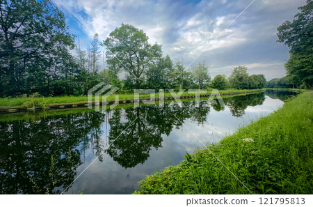 A Serene Landscape featuring Lush Greenery with the most Tranquil Reflections imaginable 121795813