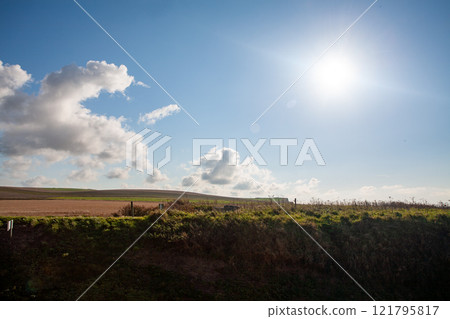 A Beautiful Sunny Landscape featuring Soft Clouds and Lush Greenery all around it A Beautiful Sunny Landscape featuring Soft Clouds and Lush Greenery all around it 121795817