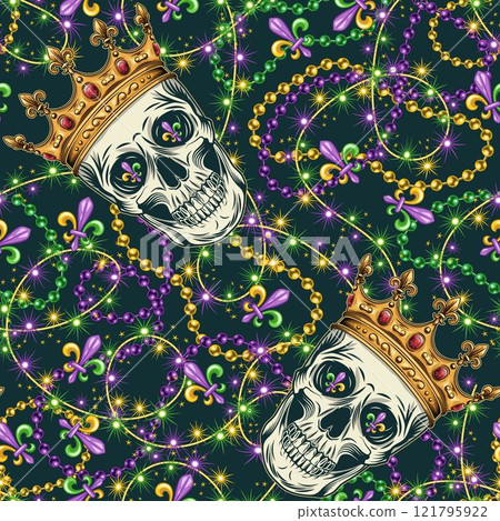 Carnival Mardi Gras themed pattern with skull in crown, interlaced strings of beads, festive garland like sparkler, scattered Fleur de Lis symbol. Detailed Vintage style. For holiday, party design 121795922