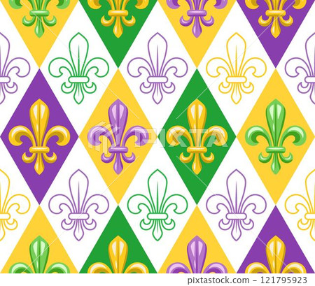 Geometric Mardi Gras pattern with Fleur de lis symbol. Diagonal classic diamond shaped rhombus grid. Harlequin ornament. Bright colors on white. Geometric Mardi Gras pattern with Fleur de lis symbol. Diagonal classic diamond shaped rhombus grid. Harlequin ornament. Bright colors on white. 121795923