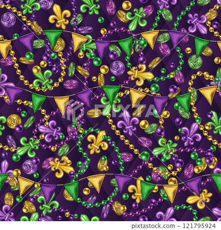 Seamless Mardi Gras pattern with strings of beads, coins, garland with triangular pennants, trinket, Fleur de Lis sign. Randomly scattered objects. Festive holiday design. Vintage style Seamless Mardi Gras pattern with strings of beads, coins, garland with triangular pennants, trinket, Fleur de Lis sign. Randomly scattered objects. Festive holiday design. Vintage style 121795924