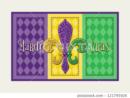 Rectangular Mardi Gras banner, flag with Fleur de Lis symbol, beads, harlequin ornament. Traditional holiday colors. Vintage style 121795926