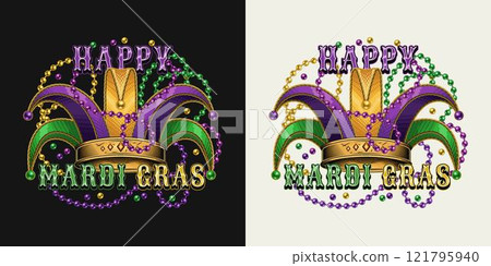 Mardi Gras emblem with jester harlequin tomfool hat, intertwined interlaced strings of beads, text. Holiday composition in vintage style. 121795940
