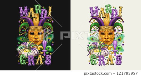 Composition with carnival golden venetian face mask in jester harlequin hat, traditional festival Mardi Gras food king cake. Peacock feathers, bead behind. T shirt graphics Composition with carnival golden venetian face mask in jester harlequin hat, traditional festival Mardi Gras food king cake. Peacock feathers, bead behind. T shirt graphics 121795957