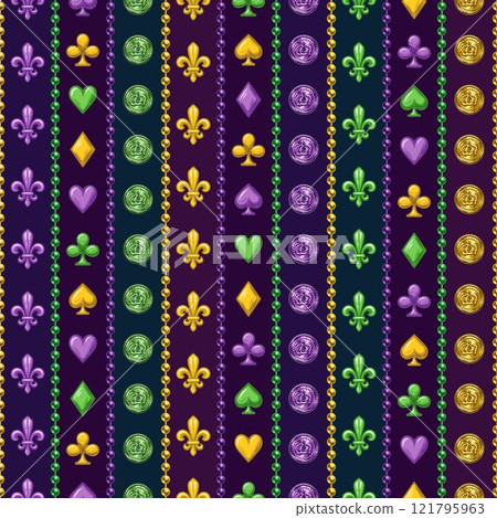 Mardi Gras seamless pattern with holiday symbols, strings of beads. Geometric pattern with vertical stripes on dark background. Vintage style illustration Mardi Gras seamless pattern with holiday symbols, strings of beads. Geometric pattern with vertical stripes on dark background. Vintage style illustration 121795963