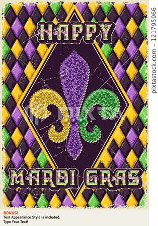Vertical Mardi Gras poster with beaded Fleur de lis symbol, harlequin ornament, text. Editable text graphic style is included. Vintage style. 121795966