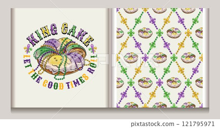 Circular Mardi Gras label with traditional king cake, text. Geometric pattern with colorful fleur de lis symbol, king cake in center of grid cells. Diagonal rhombus grid. Decoration for Mardi Gras Circular Mardi Gras label with traditional king cake, text. Geometric pattern with colorful fleur de lis symbol, king cake in center of grid cells. Diagonal rhombus grid. Decoration for Mardi Gras 121795971