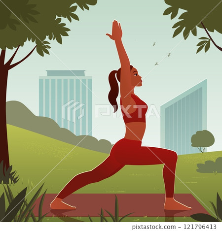 A vector illustration of a woman practicing yoga in a serene park setting, surrounded by lush greenery and urban cityscape in the background. The illustration features a woman in a warrior pose 121796413