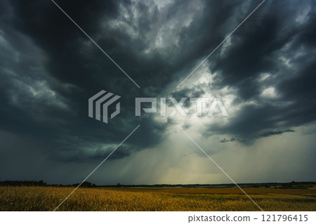 The dark sky with heavy clouds converging and a violent storm before the rain. Bad weather sky and environment. carbon dioxide emissions, greenhouse effect, global warming, climate change. 121796415