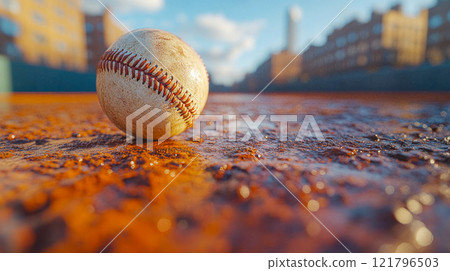 A baseball rests on a wet field with urban buildings blurred in the background, highlighting the game's iconic symbol in natural light 121796503