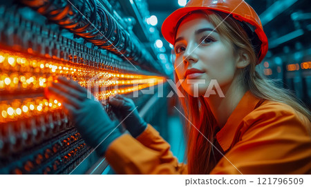 Female engineer in an orange safety helmet working in a server room, surrounded by glowing network cables 121796509