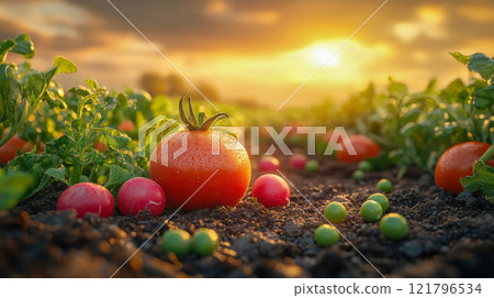 Close-up of fresh radishes and peas in a vibrant garden at sunset. Concept of organic farming, fresh produce, and agriculture 121796534