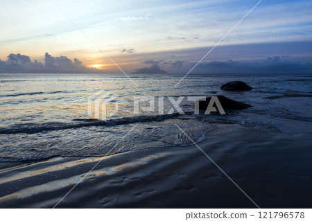 Beau Vallon beach night landscape at night, blue shore water Beau Vallon beach night landscape at night, blue shore water 121796578