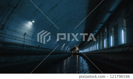 Deep blue industrial concrete tunnel perspective Deep blue industrial concrete tunnel perspective 121796586
