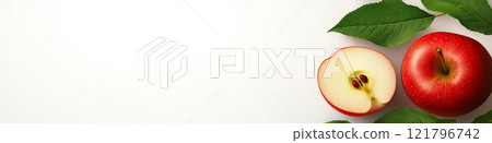 Ripe apples and apple slices with green leaves arranged on white background. Apple wallpaper, banner 121796742