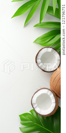 Ripe coconuts and coconut slices with green leaves arranged on white background. Coconut wallpaper, banner 121796751