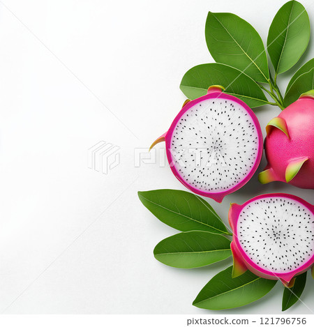 Ripe dragon fruits and dragon fruit slices with green leaves arranged on white background. Dragon fruit wallpaper, banner Ripe dragon fruits and dragon fruit slices with green leaves arranged on white background. Dragon fruit wallpaper, banner 121796756