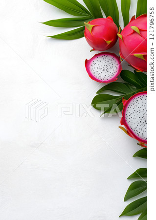 Ripe dragon fruits and dragon fruit slices with green leaves arranged on white background. Dragon fruit wallpaper, banner Ripe dragon fruits and dragon fruit slices with green leaves arranged on white background. Dragon fruit wallpaper, banner 121796758
