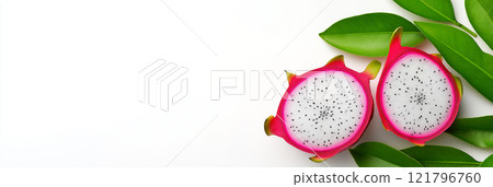 Ripe dragon fruits and dragon fruit slices with green leaves arranged on white background. Dragon fruit wallpaper, banner 121796760