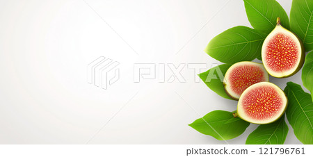 Ripe figs and fig slices with green leaves arranged on white background. Fig wallpaper, banner 121796761