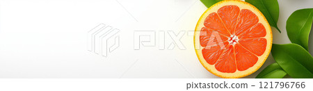 Ripe grapefruits and grapefruit slices with green leaves arranged on white background. Grapefruit wallpaper, banner 121796766