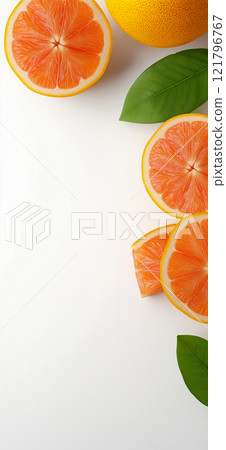Ripe grapefruits and grapefruit slices with green leaves arranged on white background. Grapefruit wallpaper, banner 121796767