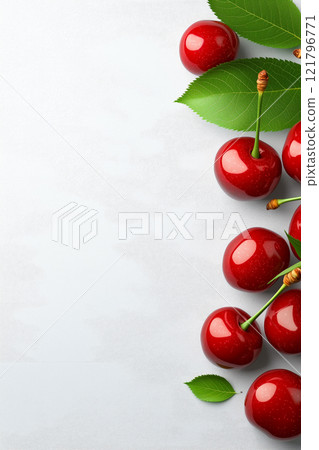 Ripe cherries and cherry slices with green leaves arranged on white background. Cherry wallpaper, banner 121796771
