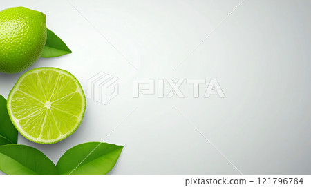Ripe limes and lime slices with green leaves arranged on white background. Lime wallpaper, banner 121796784
