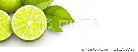 Ripe limes and lime slices with green leaves arranged on white background. Lime wallpaper, banner 121796786