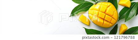 Ripe mangos and mango slices with green leaves arranged on white background. Mango wallpaper, banner Ripe mangos and mango slices with green leaves arranged on white background. Mango wallpaper, banner 121796788