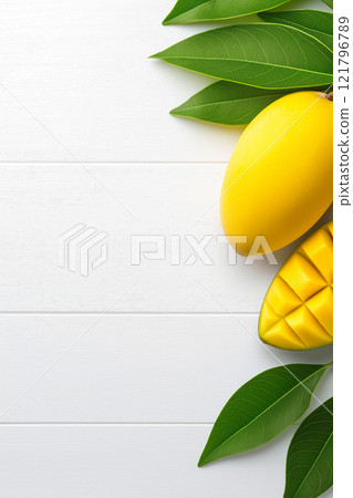 Ripe mangos and mango slices with green leaves arranged on white background. Mango wallpaper, banner 121796789