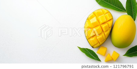 Ripe mangos and mango slices with green leaves arranged on white background. Mango wallpaper, banner 121796791