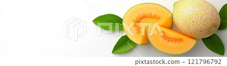 Ripe melons and melon slices with green leaves arranged on white background. Melon wallpaper, banner 121796792